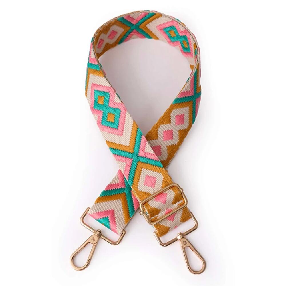 Pink Peach Teal Geo Embroidered Bag Guitar Strap Crossbody Shoulder Boho Western - Picture 6 of 6